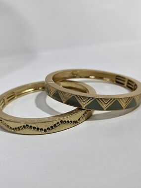 Lia Sophia Vintage Gold-Tone Stretch Bangle Set with Olive Green Accents